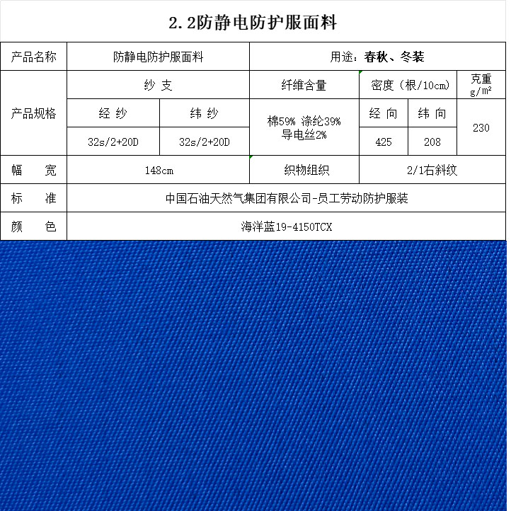 防静电防护服面料海洋蓝19-4150TCX